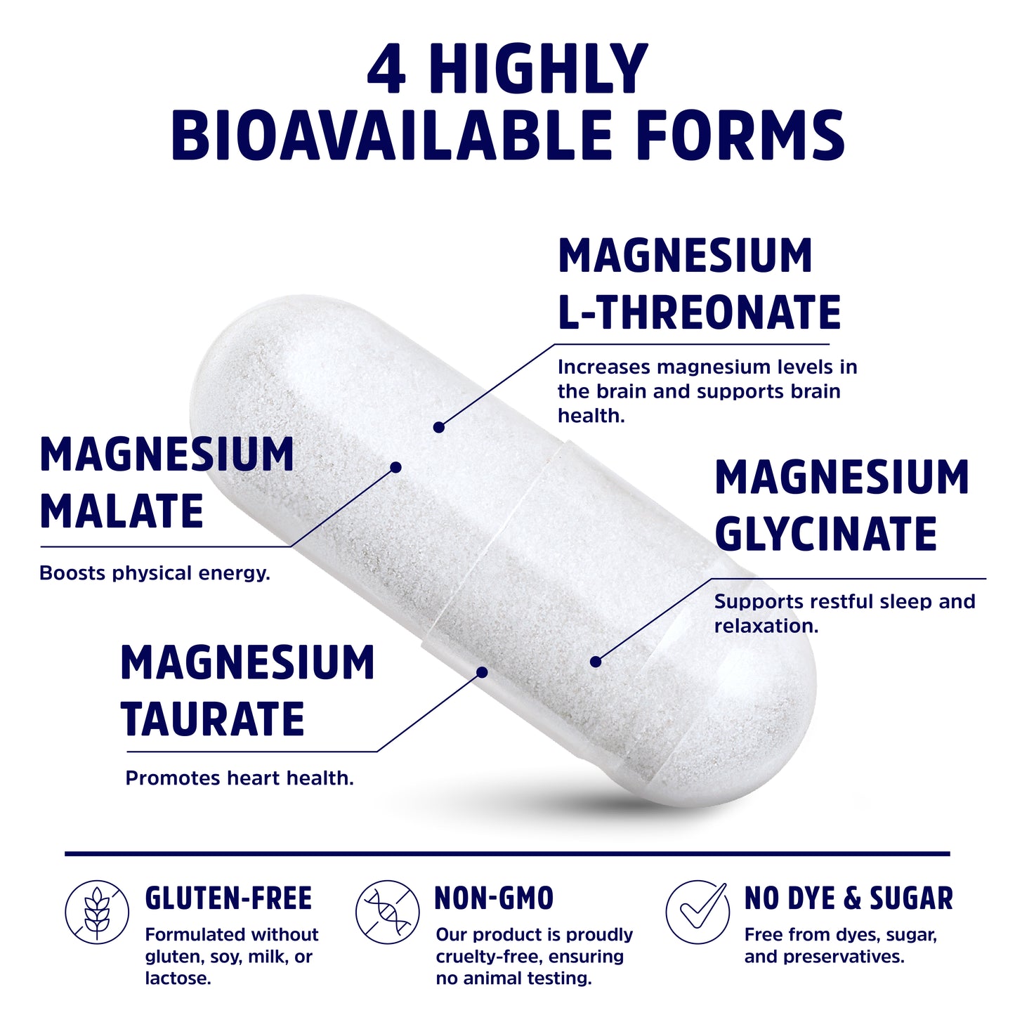 Magnesium Complex with Patented Magtein® – 4 Bioavailable Forms Including L-Threonate, Glycinate, Taurate & Malate